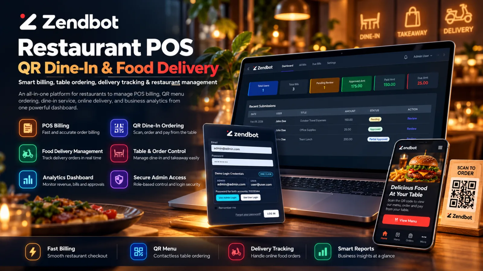 Zendbot Restaurant POS, QR Dine-In & Food Delivery System